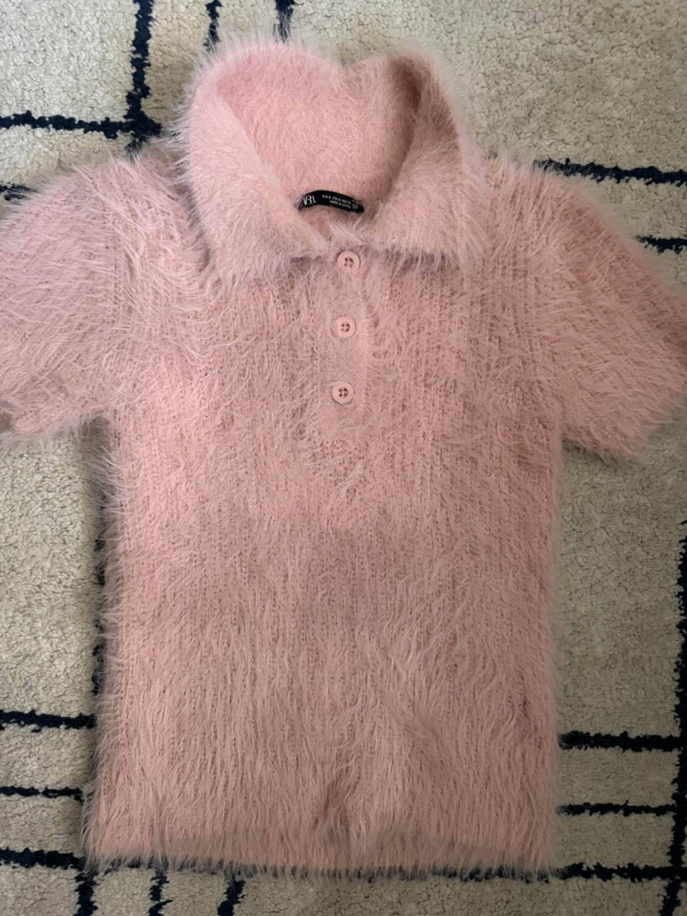 Zara Fuzzy eyelash Button short sleeve polo sweater Pink